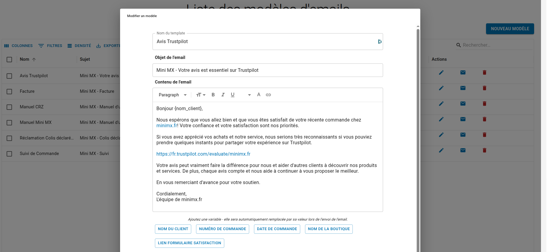 Templates d'emails